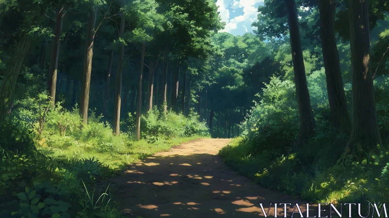 Forest pathway with tall timber trees and dappled sunlight