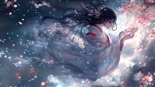 Ethereal anime shrine maiden amid drifting sakura petals