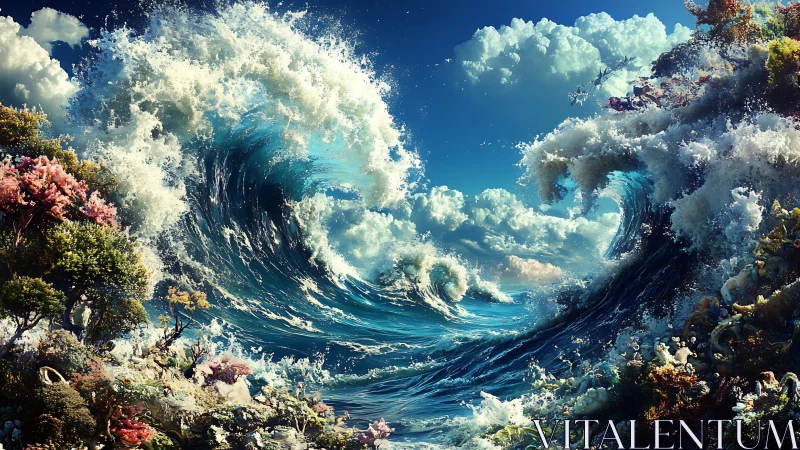 Tidal gardens rise where coral forests kiss wild sky.