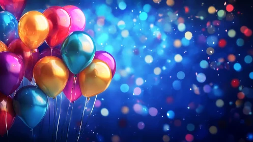 Colorful Metallic Balloons Against Blue Bokeh Background.