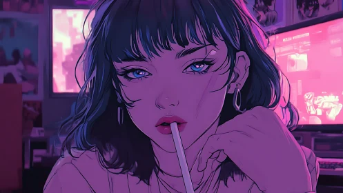 Neon-lit girl gazes at screen in moody cyber bedroom.