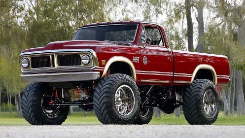 Lifted red classic pickup truck stands bold in woodland light
