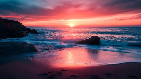 Radiant ocean sunset bathes rocky shoreline in neon light.