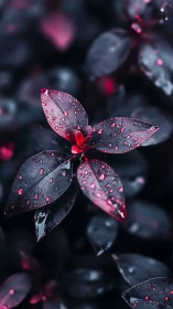 Crimson foliage macro with dewy highlights on dark bokeh.