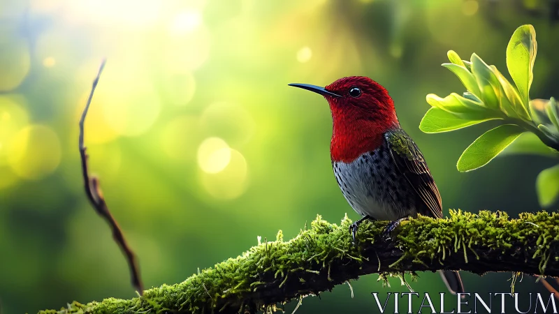 Vibrant Hummingbird on Mossy Branch in Lush Bokeh Forest Scene.