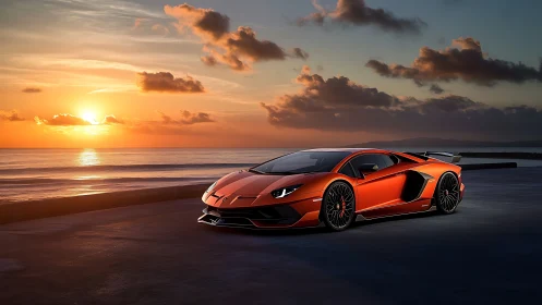 Low-slung orange supercar parked beside reflective ocean sunset