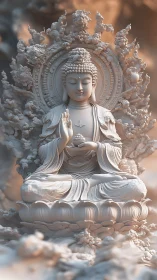Seated Buddha sculpture with ornate halo and lotus base.
