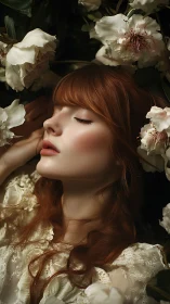 Soft side-lit portrait showing red-haired woman amid white florals