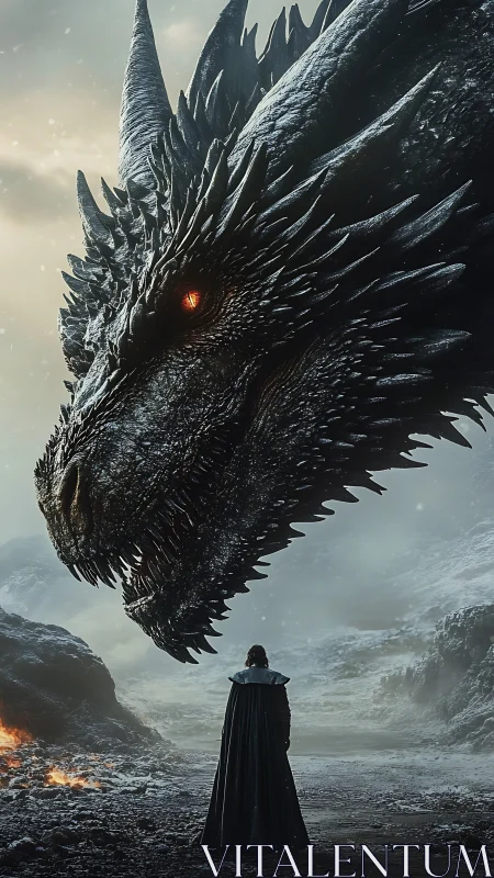 Human figure facing large dragon head in snowy landscape.