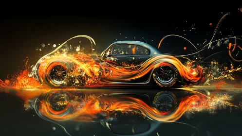 Digital painting of a flaming concept coupe with motion trails.
