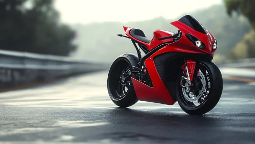 Crimson sportbike waiting on a misty open highway.