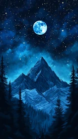 Moonlit alpine peaks rise beneath a starlit indigo sky.