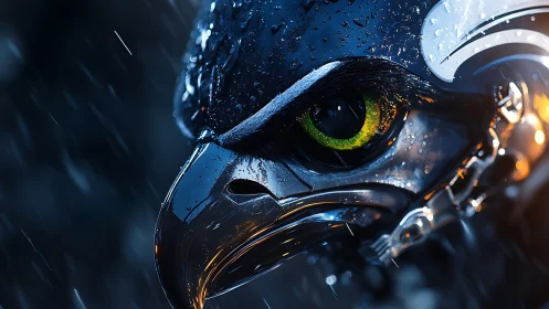 Futuristic Mechanical Eagle in Rain, Hyper-Realistic Digital Art.