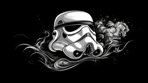 Stormtrooper helmet emerges from monochrome liquid smoke