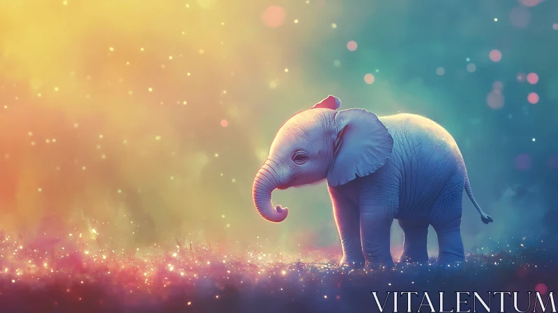 Neon gradient-lit baby elephant in bioluminescent field.