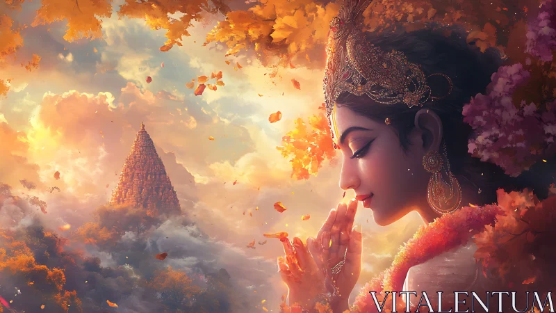 Goddess in prayer overlooks distant temple amid glowing clouds