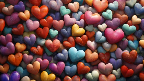 Densely packed three-dimensional hearts rendered in vibrant multi-colored palette