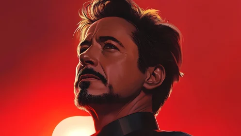 Heroic profile portrait under blazing red sunset glow.