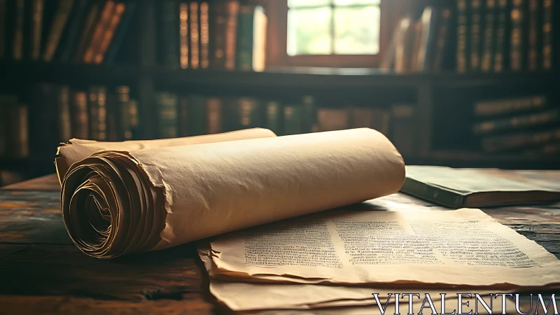 Archival scrolls and folios under diffused library daylight.