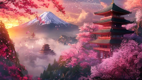 Cherry blossom pagoda landscape at sunrise in spring.