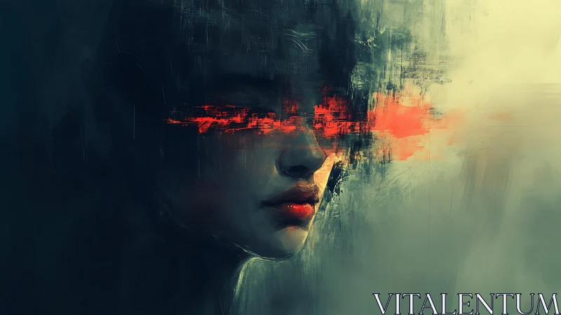 Digital painting portrait with glitch-red ocular distortion field.