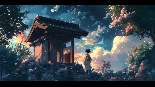 Girl in kimono watches glowing clouds above a shrine gate