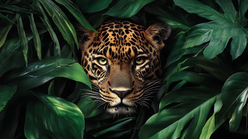 Leopard head framed by dense green tropical foliage in shade.