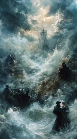 Storm-tossed ship and gathering souls in luminous chaos.