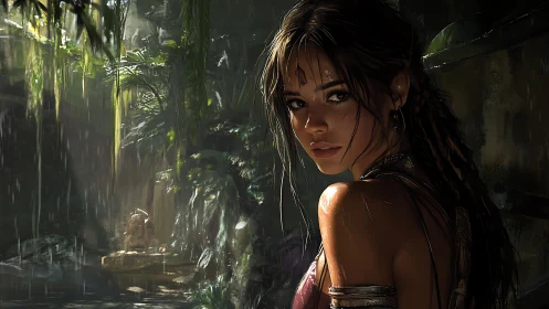 Jungle rain glows around wary relic hunter in bronze light