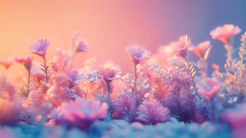 Shallow depth field rendering of pink and blue flowering plants