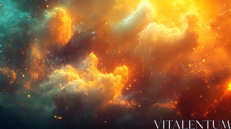 Fiery orange and teal nebula clouds occupy a dense starfield