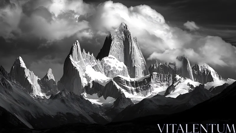 Snowbound granite spires pierce dense storm cloud canopy