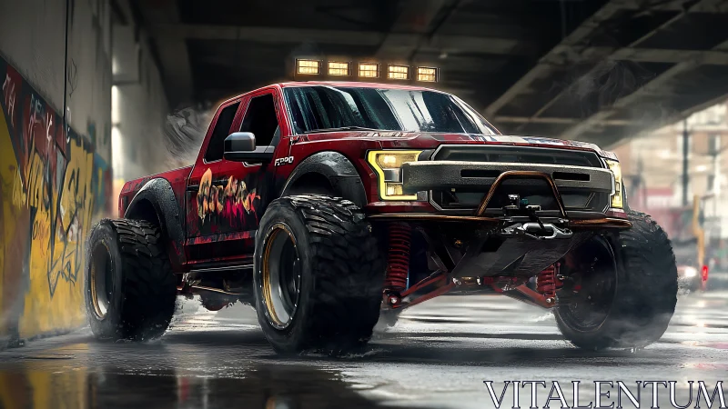 Lifted red off-road truck with graffiti in city underpass.