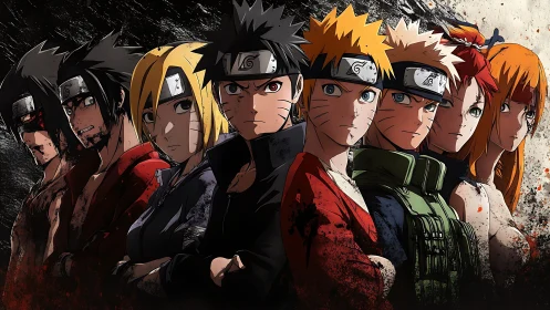 Seven battleworn ninjas stand in tight frontal lineup