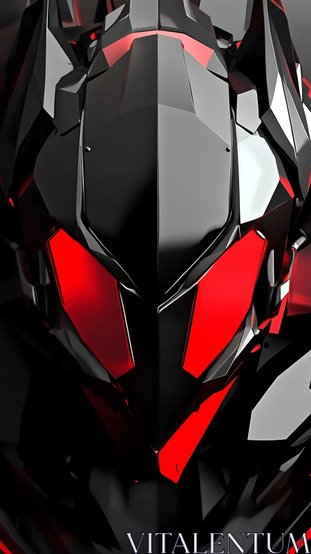 Angular black and red robotic helmet in sharp focus.