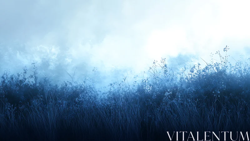 Dense blue-tinted grass and shrubs under diffuse misted sky.