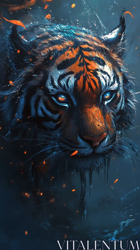 Tiger head in blue water with glowing orange sparks.