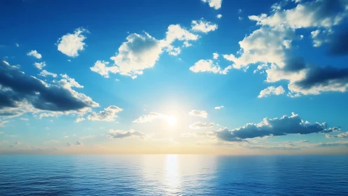 Calm ocean horizon under low sun and scattered clouds.