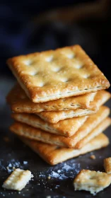 Stacked salted crackers with sesame seeds on dark surface.