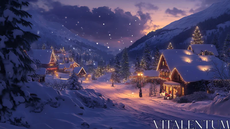 Snowlit mountain village hums softly under golden holiday glow