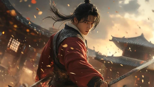 Dynamic wuxia swordsman amid cinematic temple battlefield.