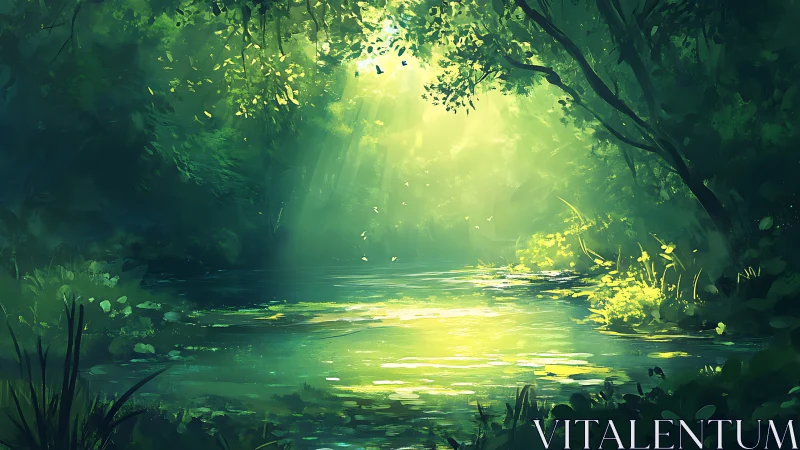 Sunlit forest river dreaming in emerald hush and glow.