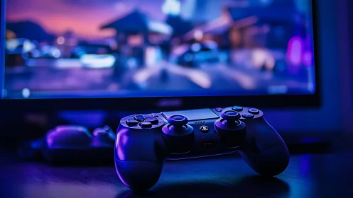 Game controller on desk before screen in low blue light.