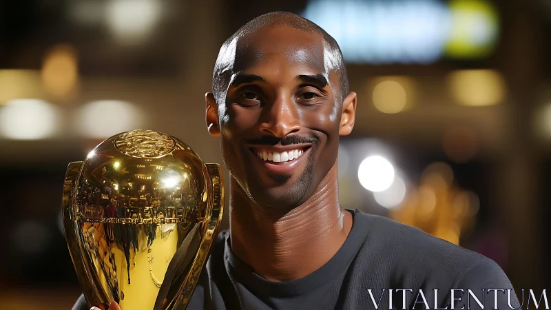 Smiling basketball player holding reflective gold trophy.