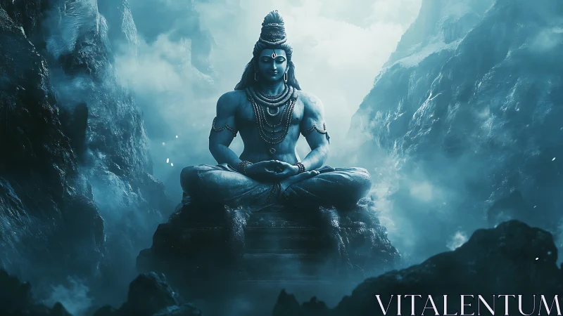 Serene blue deity in quiet mountain meditation under misty skies.