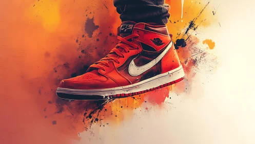 Flaming street sneaker kicks through a burst of paint thunder