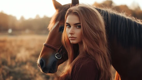 Sunlit portrait of young woman with horse in meadow.