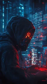 Hooded figure with digital mask operates terminals in neon city