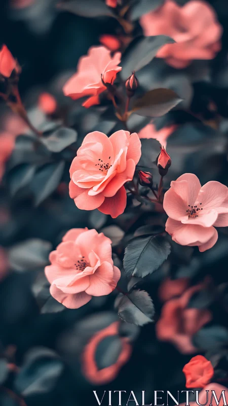 Coral roses flourish against moody dark foliage.
