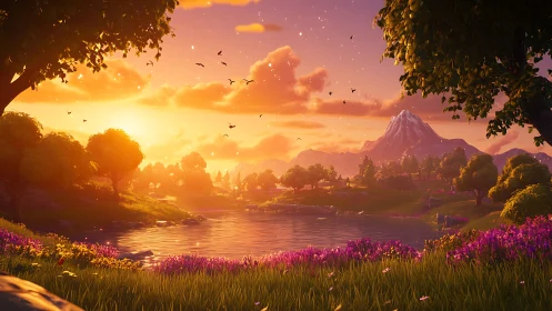 Digital painting sunset landscape with lake and distant peak.